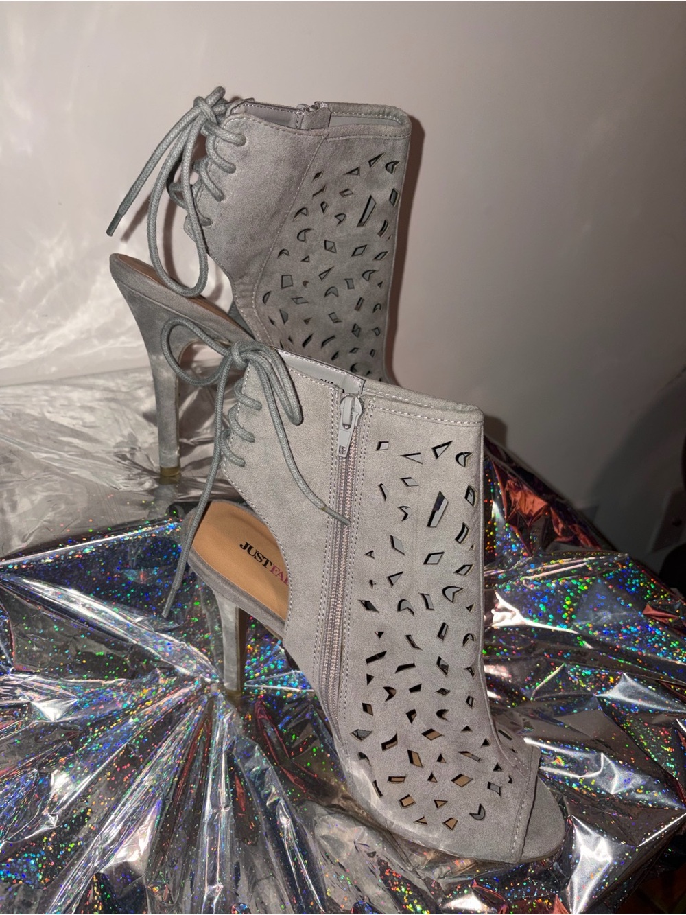 JustFab Grey Lace-Up Cutout Peep-Toe Booties